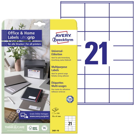Avery-Zweckform 3481-10 Univerzális etikett 70 x 41 mm Papír Fehér 210 db Véglegesen tapadó Színes l