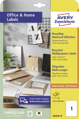 Avery-Zweckform LR3478-10 Univerzális etikett 210 x 297 mm Újrafeldolgozott papír Fehér 10 db Végleg
