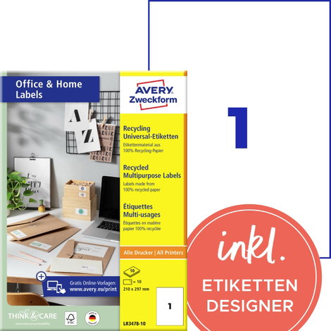 Avery-Zweckform LR3478-10 Univerzális etikett 210 x 297 mm Újrafeldolgozott papír Fehér 10 db Végleg 2. kép