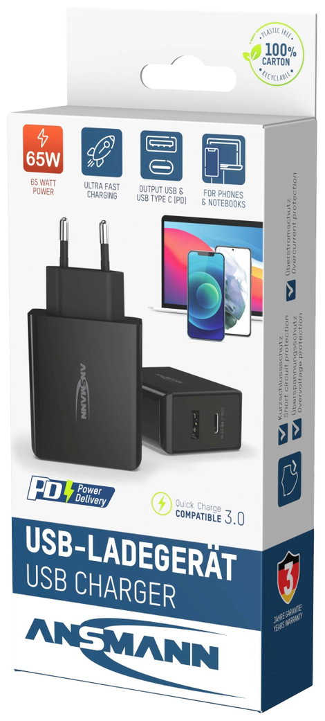 Ansmann Home Charger 254PD USB-s töltőkészülék 65 W Aljzat dugó Kimenetek száma: 2 x USB, USB-C® alj 9. kép