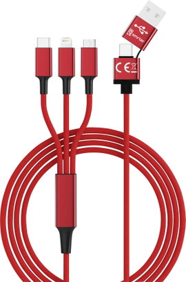 5in1 USB töltőkábel, micro-USB, USB-C, Lightning, 1,2 m, piros, Smrter SMRTER_HYDRA_ULT_RD