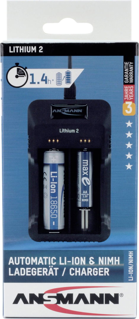 Ansmann Lithium 2 Hengeres akku töltő Nem Lítiumion, NiCd, NiMH 10340, 10350, 10440, 10500, 12500, 1 9. kép
