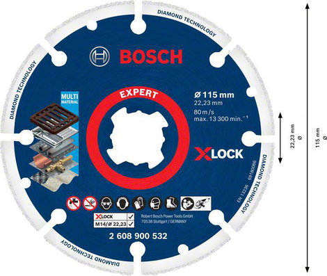 Bosch Accessories 2608900532 X-LOCK Gyémánt bevonatú vágótárcsa Ø 115 mm Furat átmérő 22.23 mm Fém 1 5. kép