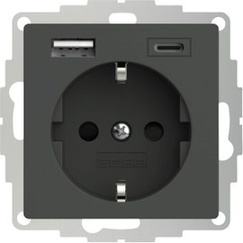 2USB 2U-449542 Földelt csatlakozó aljzat USB töltőkimenettel, Gyermekvédelem, VDE IP20 Antracit