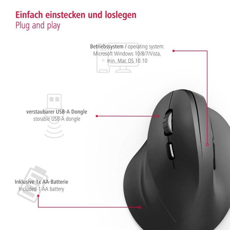 Hama EMW-500L Ergonomikus egér Rádiójel vezérlésű Optikai Fekete 6 Gombok 1800 dpi Ergonómikus 12. kép