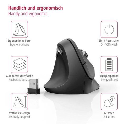 Hama EMW-500L Ergonomikus egér Rádiójel vezérlésű Optikai Fekete 6 Gombok 1800 dpi Ergonómikus 7. kép