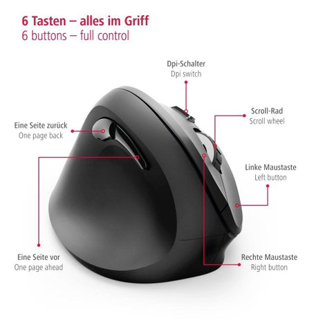 Hama EMW-500L Ergonomikus egér Rádiójel vezérlésű Optikai Fekete 6 Gombok 1800 dpi Ergonómikus 8. kép