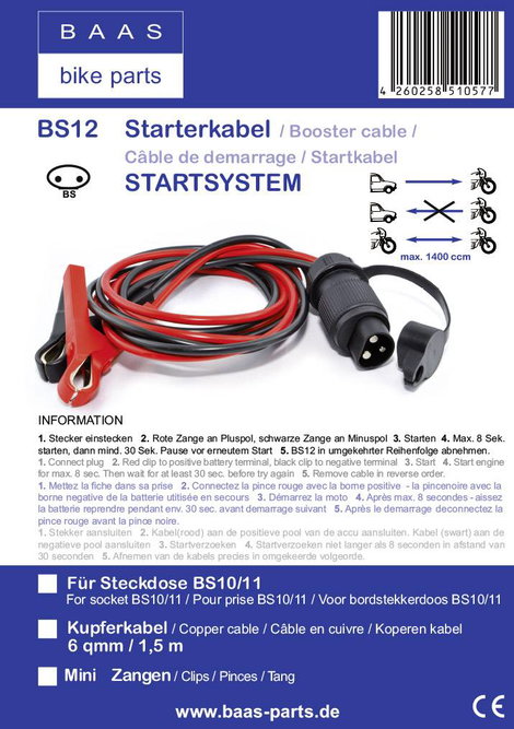 BAAS Startsystem BS12 Indítássegítő kábel 6 mm² Vörösréz 1.50 m Acéllemez fogóval 2. kép