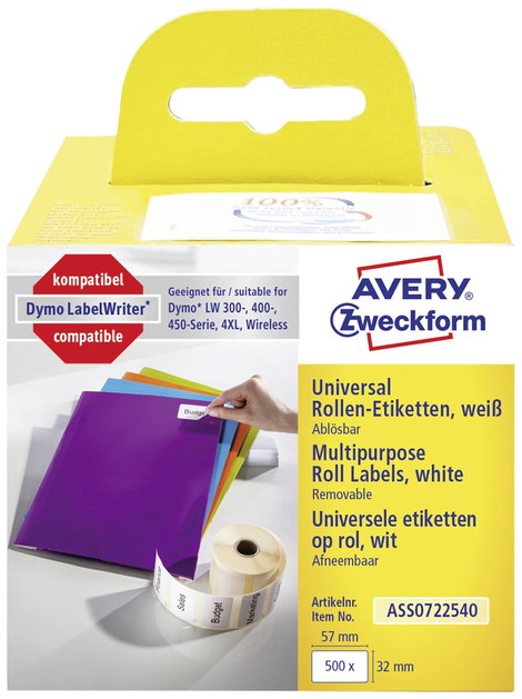Avery-Zweckform Etikett tekercs 57 x 32 mm Papír Fehér 500 db Leoldható ASS0722540 Univerzális etike 2. kép