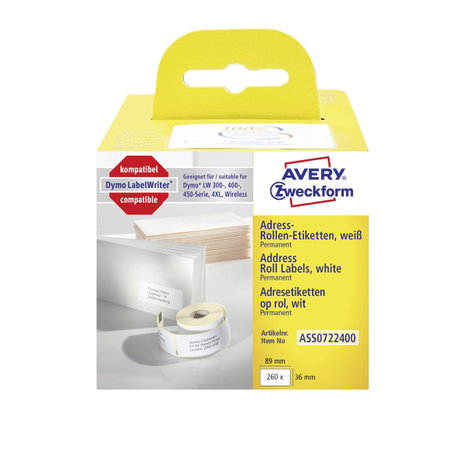 Avery-Zweckform Etikett tekercs 89 x 36 mm Papír Fehér 260 db Véglegesen tapadó ASS0722400 Cím etike 2. kép