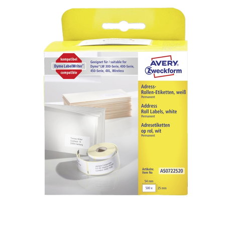 Avery-Zweckform Etikett tekercs 54 x 25 mm Papír Fehér 500 db Véglegesen tapadó AS0722520 Cím etiket 2. kép