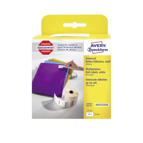 Avery-Zweckform Etikett tekercs 19 x 51 mm Papír Fehér 500 db Leoldható AS0722550 Univerzális etiket 2. kép