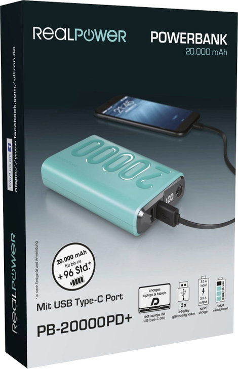 RealPower PB-20000PD+ Powerbank 20000 mAh Lítium Zöld 2. kép