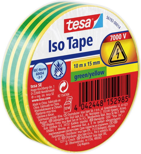 tesa Tesa 56192-00014-22 Szigetelőszalag Zöld, Sárga (H x Sz) 10 m x 15 mm 1 db