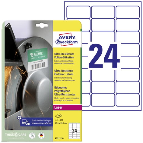 Avery-Zweckform L7912-10 Fólia címkék 63.5 x 33.9 mm Polietilén fólia Fehér 240 db Véglegesen tapadó
