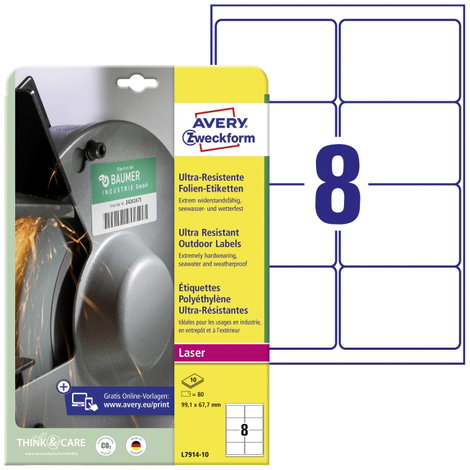 Avery-Zweckform L7914-10 Fólia címkék 99.1 x 67.7 mm Polietilén fólia Fehér 80 db Véglegesen tapadó
