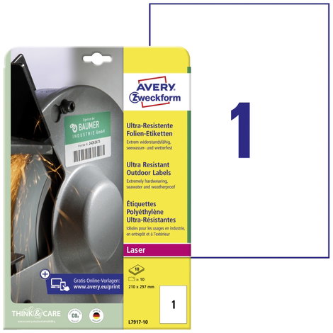 Avery-Zweckform L7917-10 Fólia címkék 210 x 297 mm Polietilén fólia Fehér 10 db Véglegesen tapadó Sz