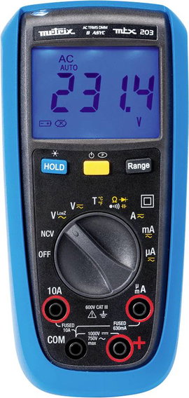 Metrix MTX 203 Kézi multiméter digitális Fröccsenő víz ellen védett (IP54) CAT III 600 V Kijelző (di