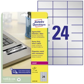 Avery-Zweckform L6133-20 Típustábla etikett 70 x 37 mm Poliészter fólia Ezüst 480 db Véglegesen tapa