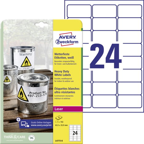 Avery-Zweckform L4773-8 Fólia címkék 63.5 x 33.9 mm Poliészter fólia Fehér 192 db Véglegesen tapadó