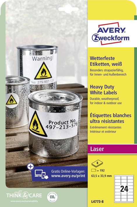 Avery-Zweckform L4773-8 Fólia címkék 63.5 x 33.9 mm Poliészter fólia Fehér 192 db Véglegesen tapadó 3. kép