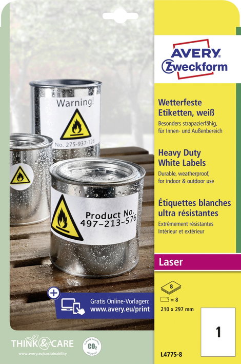 Avery-Zweckform L4775-8 Fólia címkék 210 x 297 mm Poliészter fólia Fehér 8 db Véglegesen tapadó Szín 3. kép