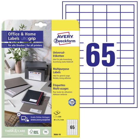Avery-Zweckform 3666-10 Univerzális etikett 38 x 21.2 mm Papír Fehér 650 db Véglegesen tapadó Tintas