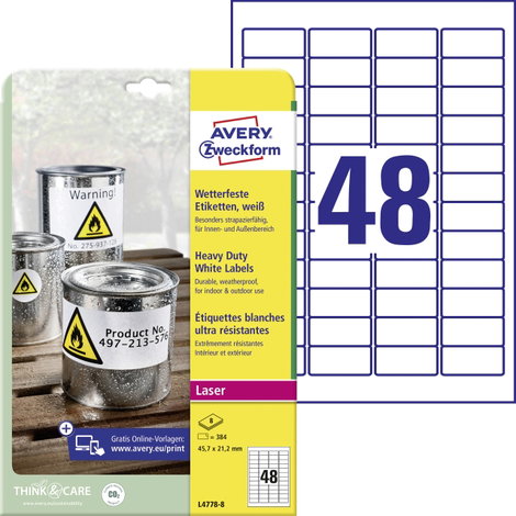 Avery-Zweckform L4778-8 Fólia címkék 45.7 x 21.2 mm Poliészter fólia Fehér 384 db Véglegesen tapadó