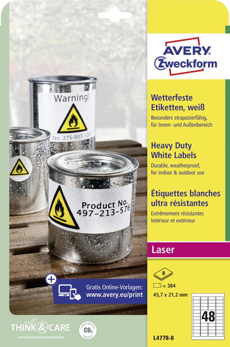Avery-Zweckform L4778-8 Fólia címkék 45.7 x 21.2 mm Poliészter fólia Fehér 384 db Véglegesen tapadó 3. kép