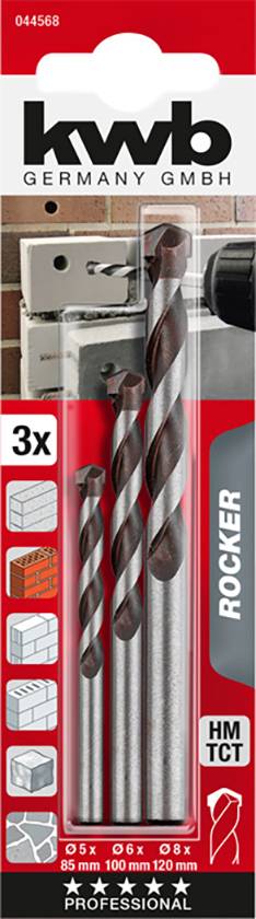 kwb 044568 Króm-molibdén acél Beton spirálfúró készlet 3 részes 5 mm, 6 mm, 8 mm Hengeres befogószár 2. kép