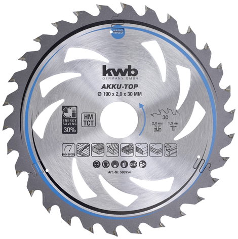 kwb 586954 Keményfém körfűrészlap 190 x 30 x 1.3 mm Fogak száma (collonként): 30 1 db