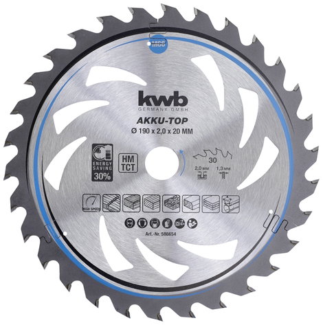kwb 586654 Keményfém körfűrészlap 190 x 20 x 1.3 mm Fogak száma (collonként): 30 1 db