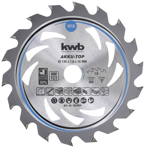 kwb 581854 Keményfém körfűrészlap 130 x 16 x 1.0 mm Fogak száma (collonként): 18 1 db