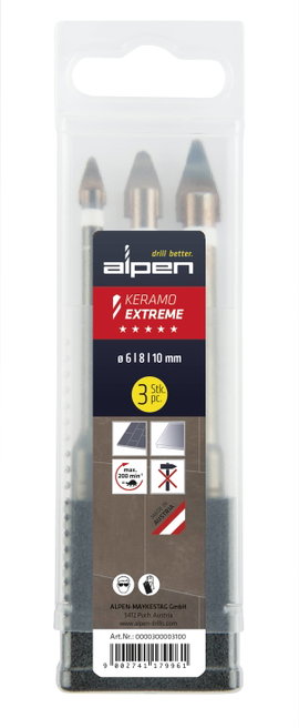 Alpen Keramo extreme Box 0000300003100 Üvegfúró készlet 6 mm, 8 mm, 10 mm Hengeres befogószár 1 db