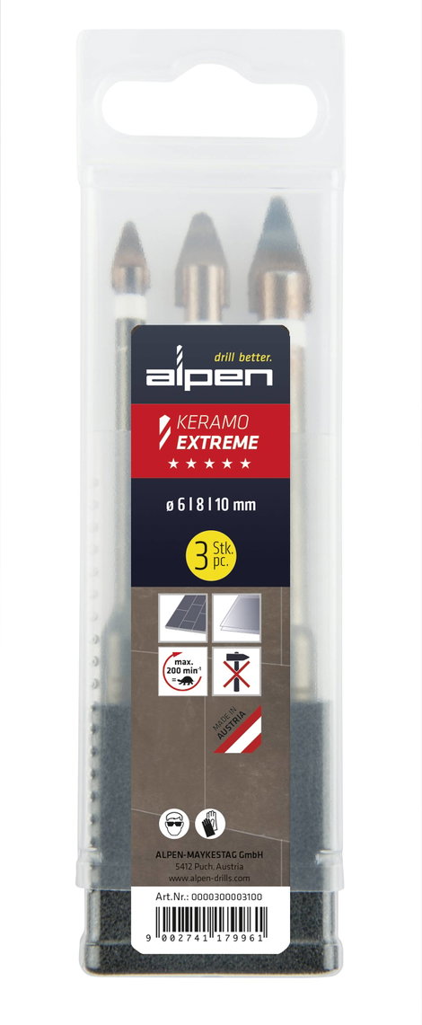 Alpen Keramo extreme Box 0000300003100 Üvegfúró készlet 6 mm, 8 mm, 10 mm Hengeres befogószár 1 db