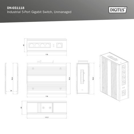 Digitus DN-651118 Ipari Ethernet switch 5 port 10 / 100 / 1000 MBit/s 3. kép