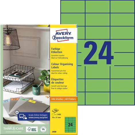 Avery-Zweckform 3450 Univerzális etikett 70 x 37 mm Papír Zöld 2400 db Véglegesen tapadó Tintasugara