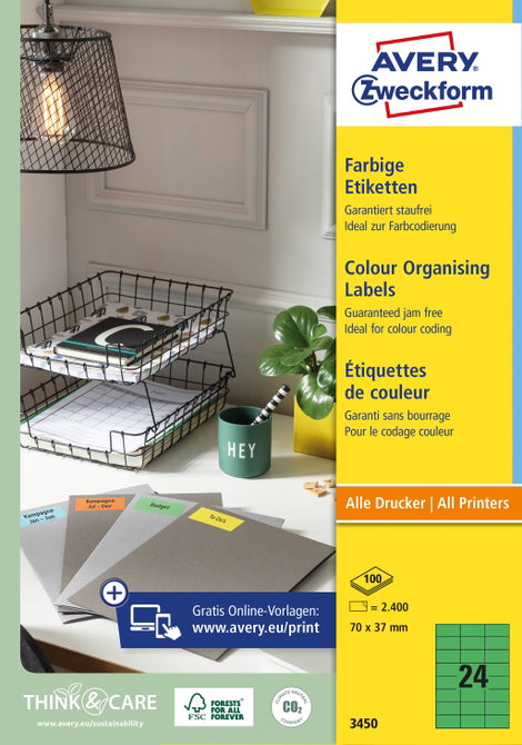 Avery-Zweckform 3450 Univerzális etikett 70 x 37 mm Papír Zöld 2400 db Véglegesen tapadó Tintasugara 3. kép