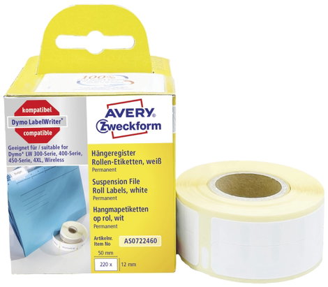 Avery-Zweckform Etikett tekercs 50 x 12 mm Papír Fehér 220 db Véglegesen tapadó AS0722460 Függő regi