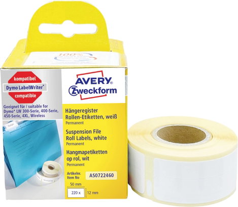 Avery-Zweckform Etikett tekercs 50 x 12 mm Papír Fehér 220 db Véglegesen tapadó AS0722460 Függő regi