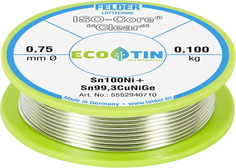 Felder Löttechnik ISO-Core Clear Sn100Ni+ Forrasztóón Tekercs Sn99,25Cu0,7Ni0,05 0.100 kg 0.75 mm