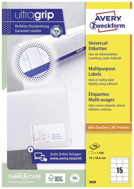 Avery-Zweckform 3669 Univerzális etikett 70 x 50.8 mm Papír Fehér 1500 db Véglegesen tapadó Tintasug 2. kép