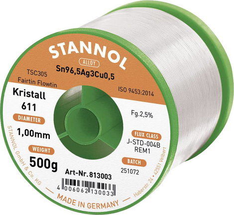 Stannol Kristall 611 Fairtin Forrasztóón, ólommentes Ólommentes Sn96,5Ag3Cu0,5 REM1 500 g 1 mm