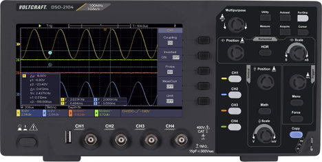 Digitális oszcilloszkóp 100 MHz 4 csatornás 1 GSa/mp 80 kpts 8 bit DSO, Voltcraft DSO-2104