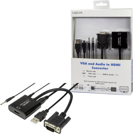VGA - HDMI átalakító, 1x VGA dugó/3,5 mm jack alj - 1x HDMI alj, fekete, 0,45 m, LogiLink CV0060 11. kép