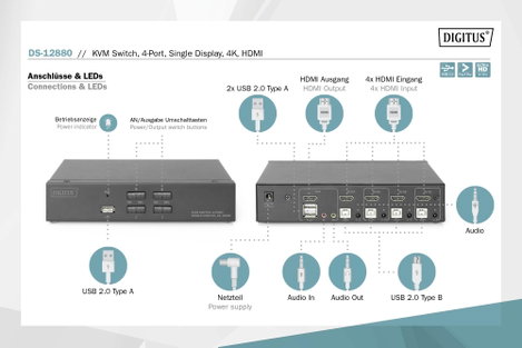 Digitus DS-12880 4+1 port KVM átkapcsoló HDMI 3840 x 2160 Pixel 6. kép