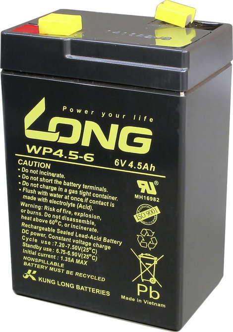 Long WP4.5-6 Ólomakku 6 V 4.5 Ah Ólom-vlies (AGM) (Sz x Ma x Mé) 70 x 106 x 47 mm 4,8 mm-es laposéri