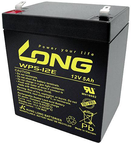 Long WP5-12E Ólomakku 12 V 5 Ah Ólom-vlies (AGM) (Sz x Ma x Mé) 90 x 107 x 70 mm 6,35 mm-es laposéri