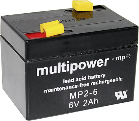 multipower MP2-6 Ólomakku 6 V 2 Ah Ólom-vlies (AGM) (Sz x Ma x Mé) 75 x 53 x 51 mm 4,8 mm-es laposér