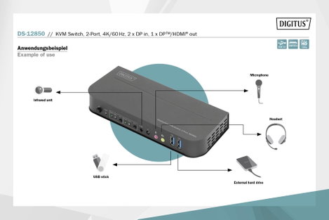 Digitus DS-12850 2+2 port KVM átkapcsoló Display-Port, HDMI Távirányító, Billentyűzet 4096 x 2160 Pi 7. kép
